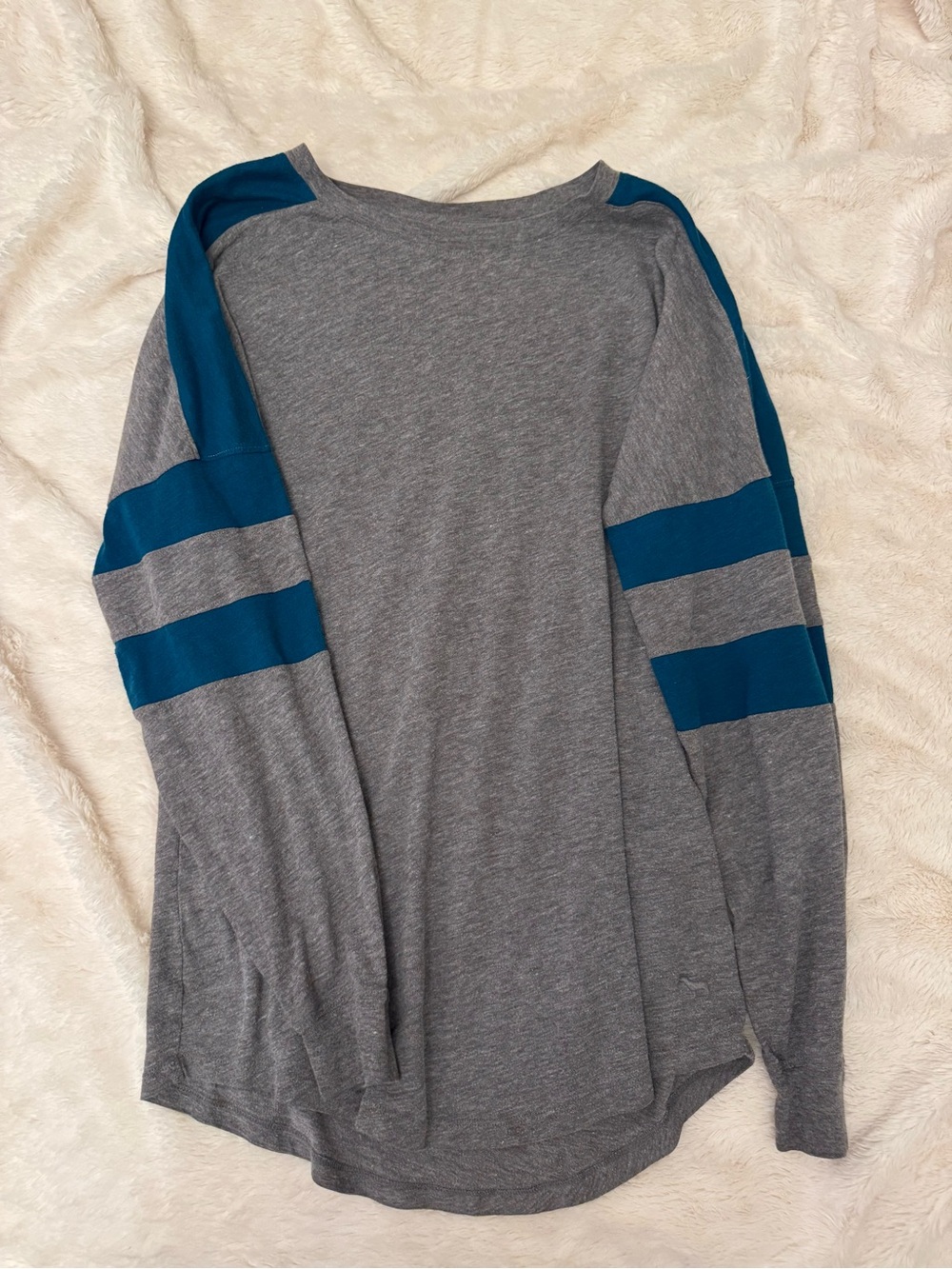 PINK Victoria's Secret Grey Crewneck with Teal Sleeve Stripes